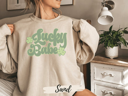 Lucky Retro Sweatshirt, Lucky Babe Shirt, Womens Lucky Sweatshirt, Shamrock Shirt - Mardonyx Sweatshirt White