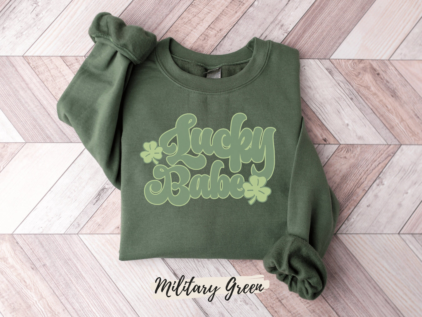 Lucky Retro Sweatshirt, Lucky Babe Shirt, Womens Lucky Sweatshirt, Shamrock Shirt - Mardonyx Sweatshirt Sand