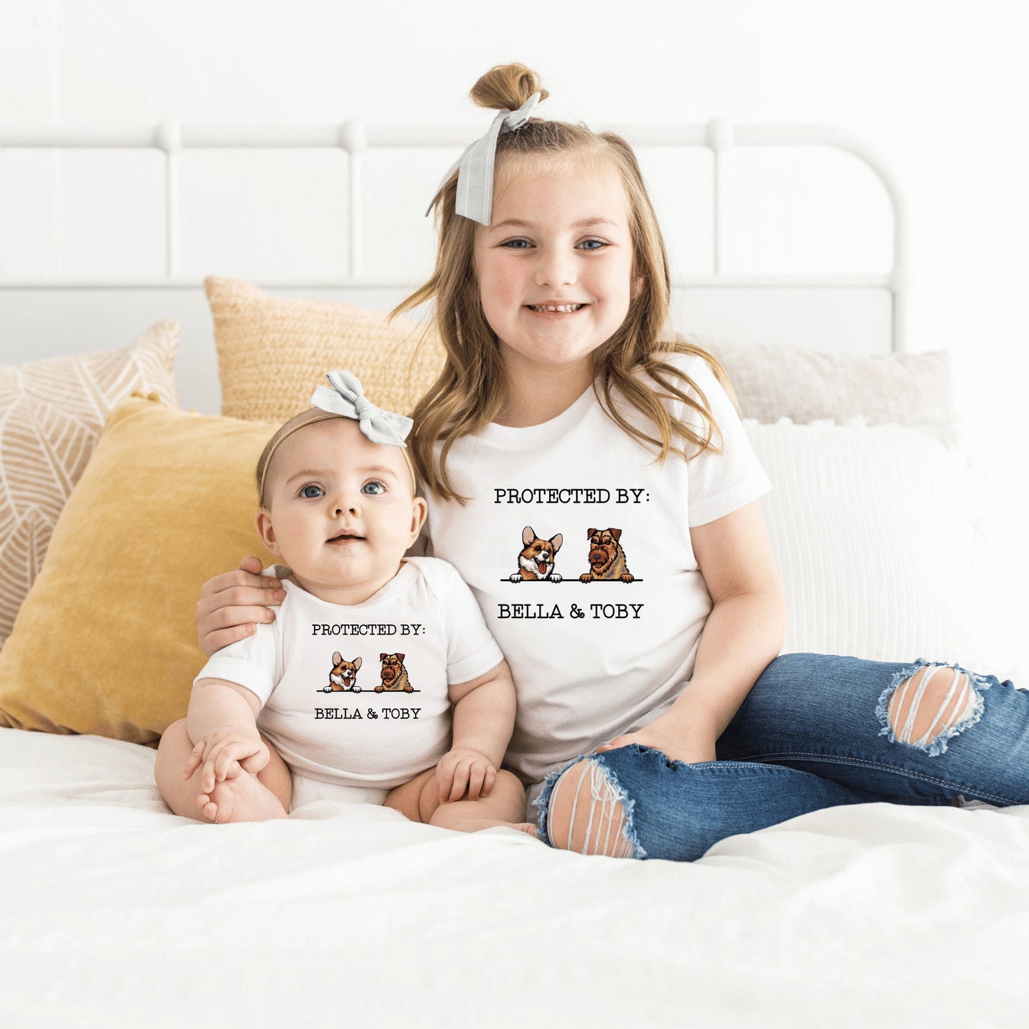Custom Pet Baby Onesie®, Protected By Dog Baby Onesie® ,Personalized Dog Name Baby Gift, Dog Sibling Outfit, Baby Shower Gift