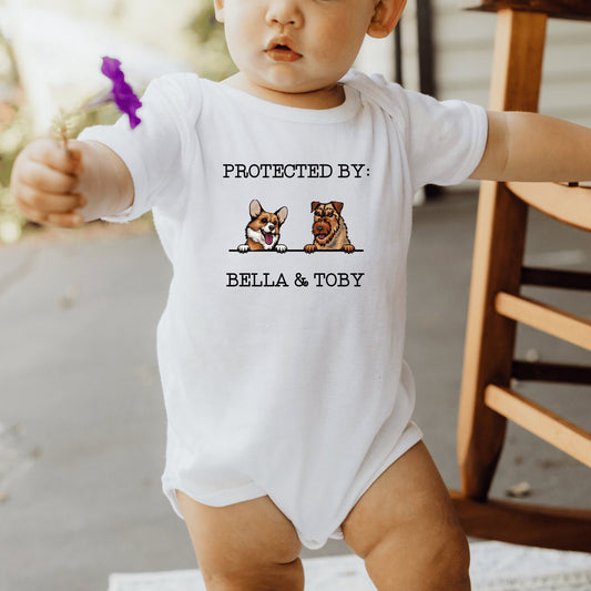 Custom Pet Baby Onesie®, Protected By Dog Baby Onesie® ,Personalized Dog Name Baby Gift, Dog Sibling Outfit, Baby Shower Gift