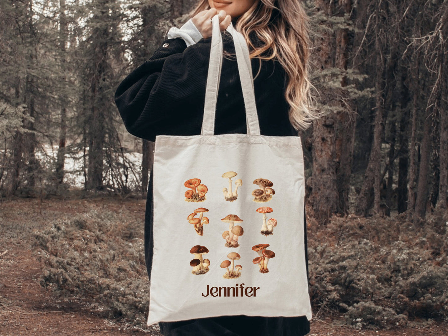 Personalized Mushroom Canvas Tote Bag, Personalized Gifts, Custom Name Tote Bag, Mushroom Art, Valentine Gifts for Her, Mushroom Tote Bag