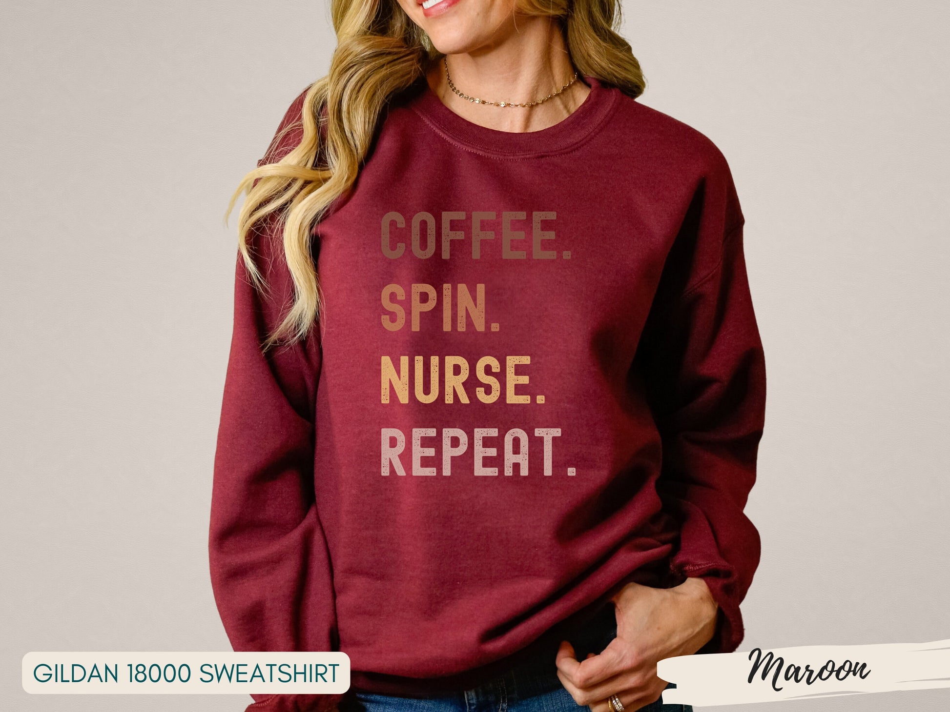 Coffee Spin Nurse Repeat Shirt - Grunge Fonted Retro Colors, Short Long Sweatshirt Style, Perfect for Nurses and Coffee Lovers - Mardonyx Sweatshirt