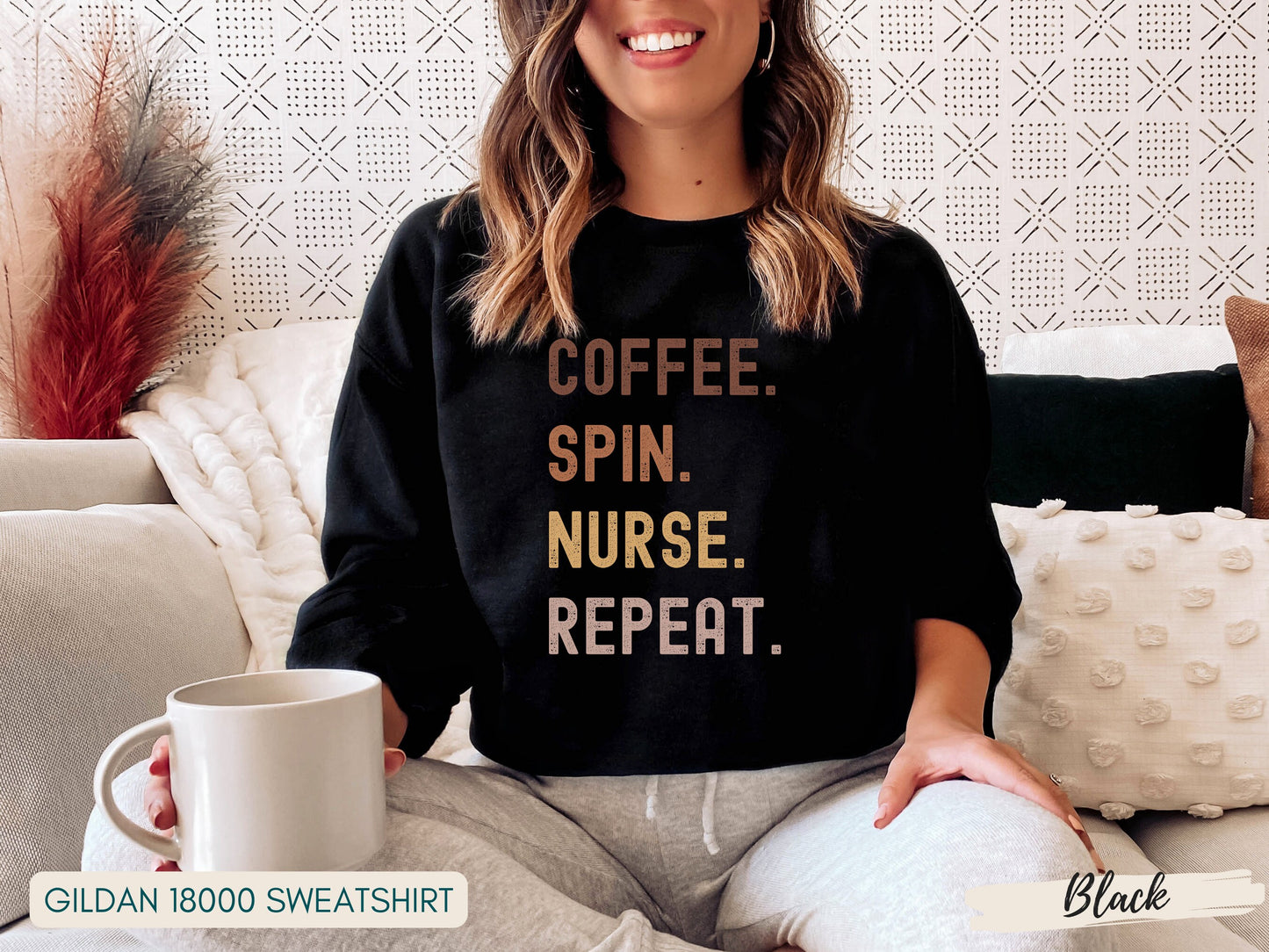 Coffee Spin Nurse Repeat Shirt - Grunge Fonted Retro Colors, Short Long Sweatshirt Style, Perfect for Nurses and Coffee Lovers
