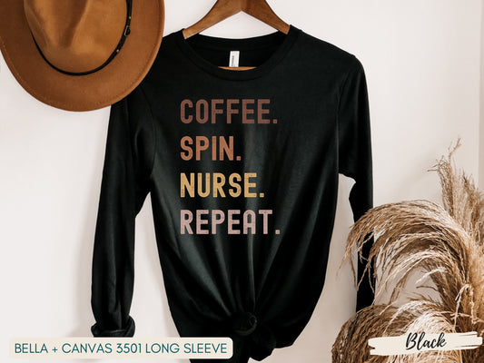 Coffee Spin Nurse Repeat Shirt - Grunge Fonted Retro Colors, Short Long Sweatshirt Style, Perfect for Nurses and Coffee Lovers