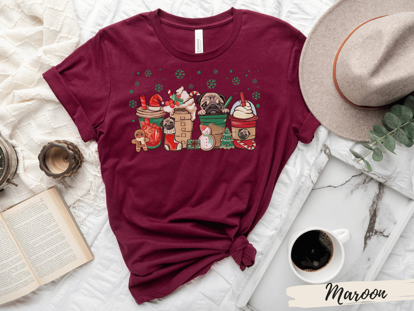 Pug Christmas Shirt, Pug Coffee Lover Holiday Shirt, Coffee Pug Lover Gift, Gift for Dog Mom, Pug Lover Gift, Pug Shirt