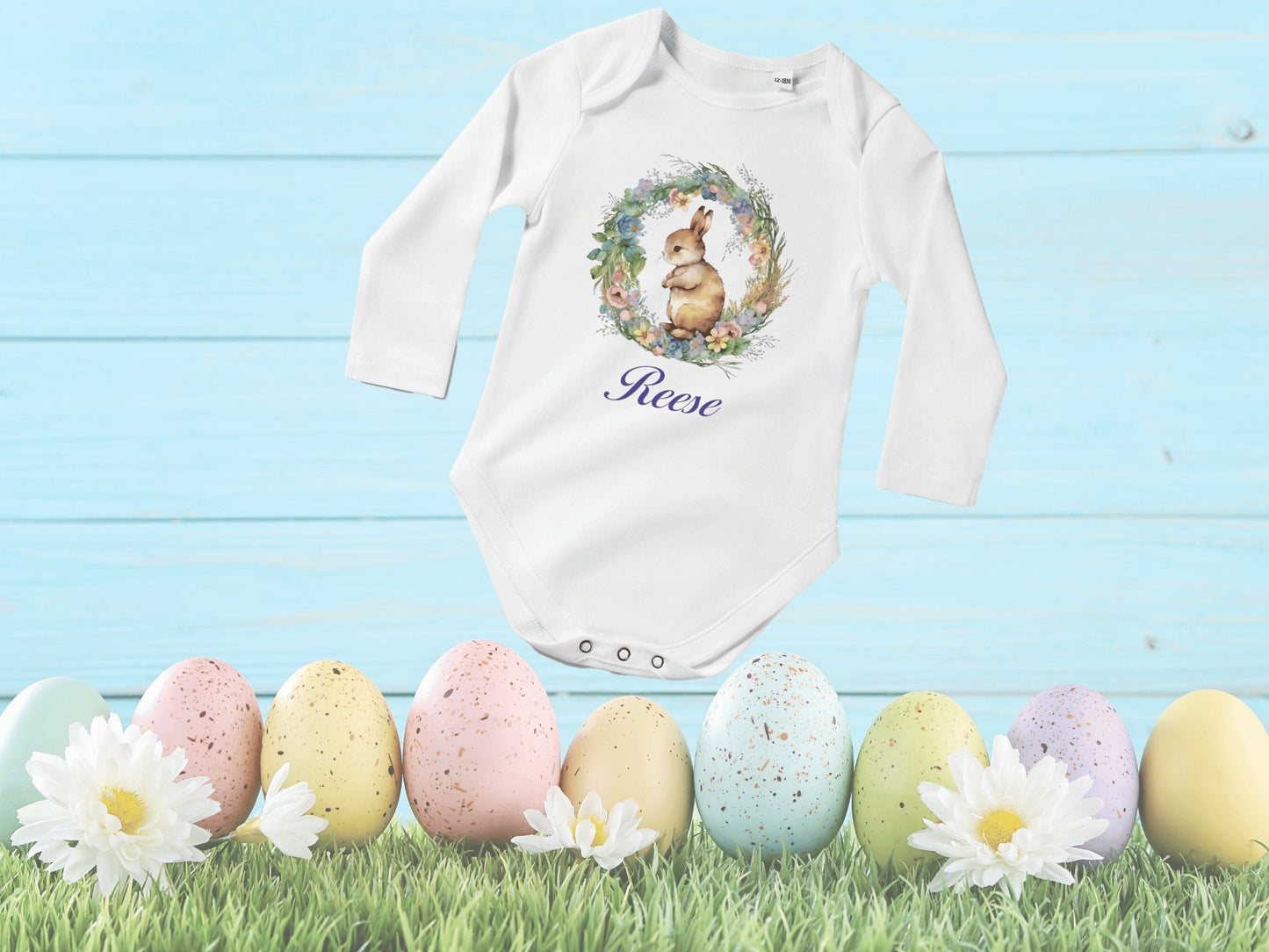 Personalized Baby Girl Easter Rabbit Long Sleeve Bodysuit, Baby Easter Outfit, Personalized Bodysuit