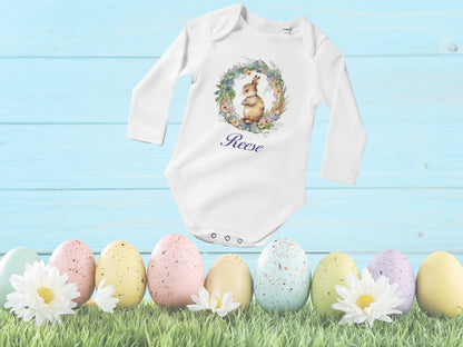 Personalized Baby Girl Easter Rabbit Long Sleeve Bodysuit, Baby Easter Outfit, Personalized Bodysuit