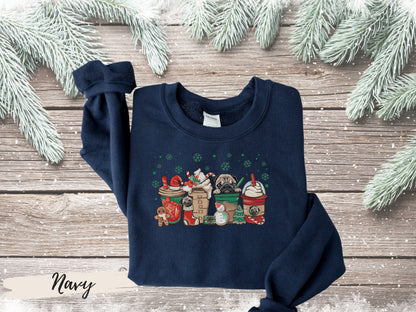 Pug Christmas Sweatshirt, Pug Coffee Lover Holiday Sweatshirt, Coffee Pug Lover Gift, Gift for Dog Mom, Pug Lover Gift